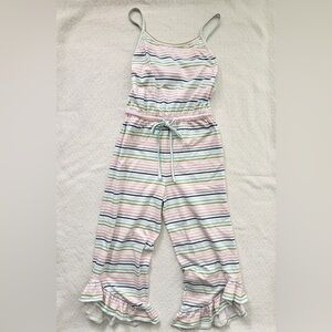 Millie Jay Striped Ruffled Long Pants Sleeveless Romper with Waist Tie